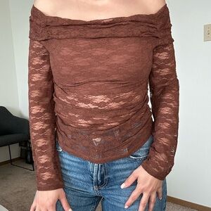 Brown mesh off-shoulder top